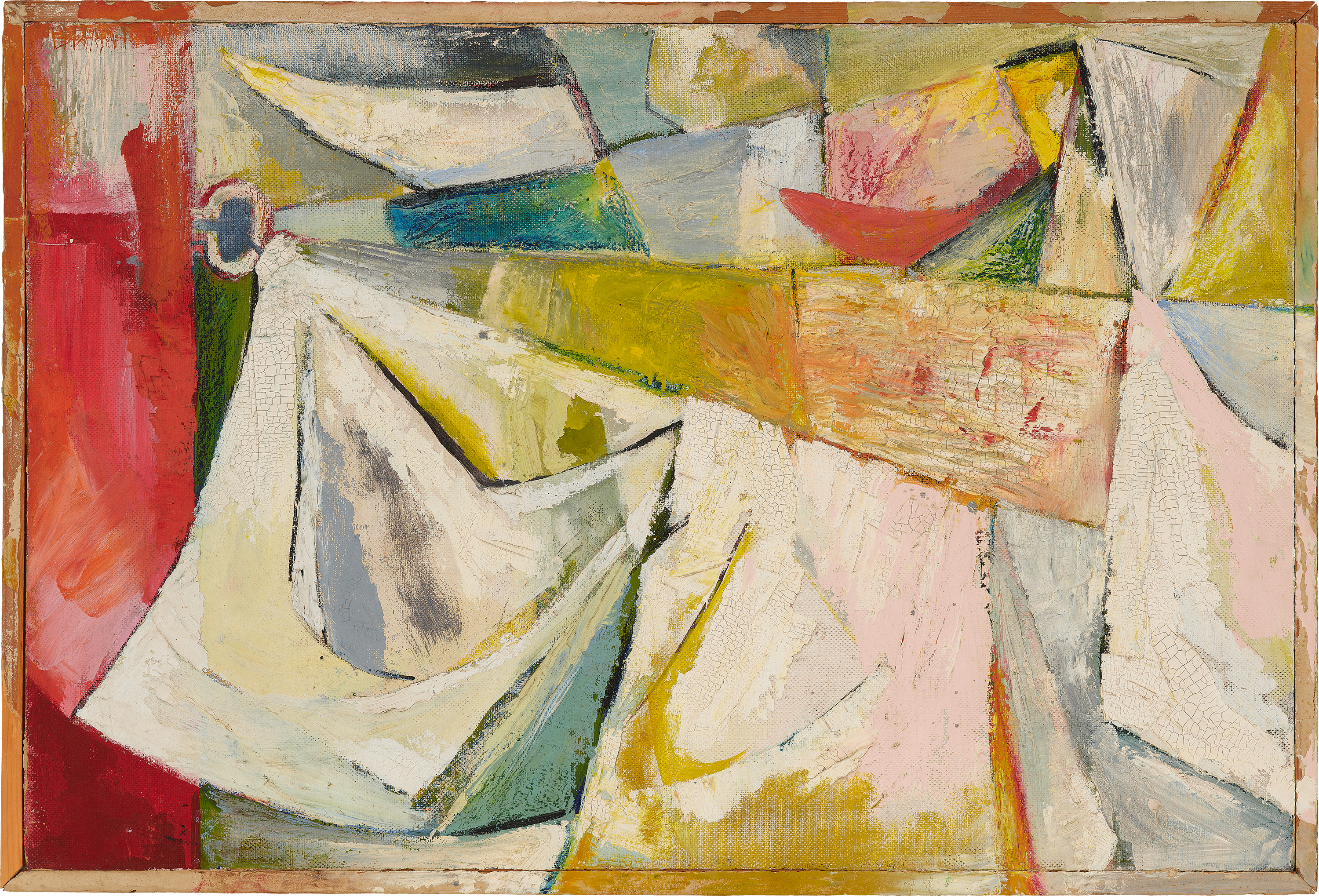 An abstract painting featuring geometric shapes and muted colors, with overlapping forms that suggest movement and depth.
