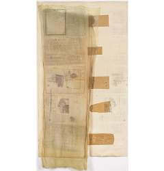 A rectangular, beige artwork with light, grey impressions of newspaper pages. A piece of gauzy, transparent fabric is attached on the left side and five brown paper bags are on the right.