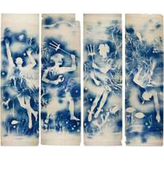 four panel blueprints featuring human figures and aquatic motifs 