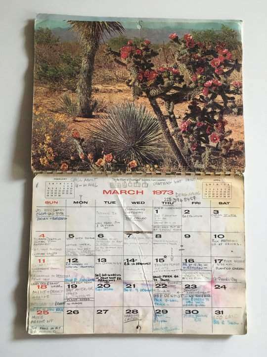 A 1973 annual wall calendar opened to March. The calendar picture on top shows a desert landscape, and the grid calendar page on the bottom has numerous annotations written in different colors and different handwriting.