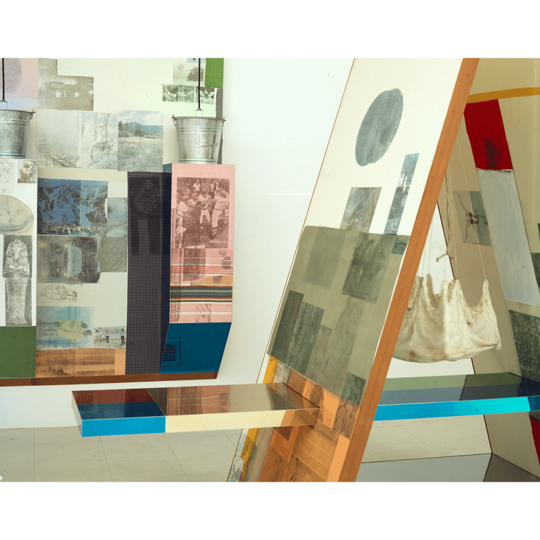 Installation view of “Trojan Wedge (Scale)” (1977) and “Solar Tribute Jr. (Spread)” (1978) in Robert Rauschenberg’s studio in Captiva, Florida, undated. 